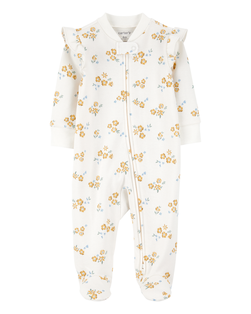 Bébé fille - Grenouillère à fermeture à glissière à 2 sens en coton à fleurs, image 1 sur 4 diapositives