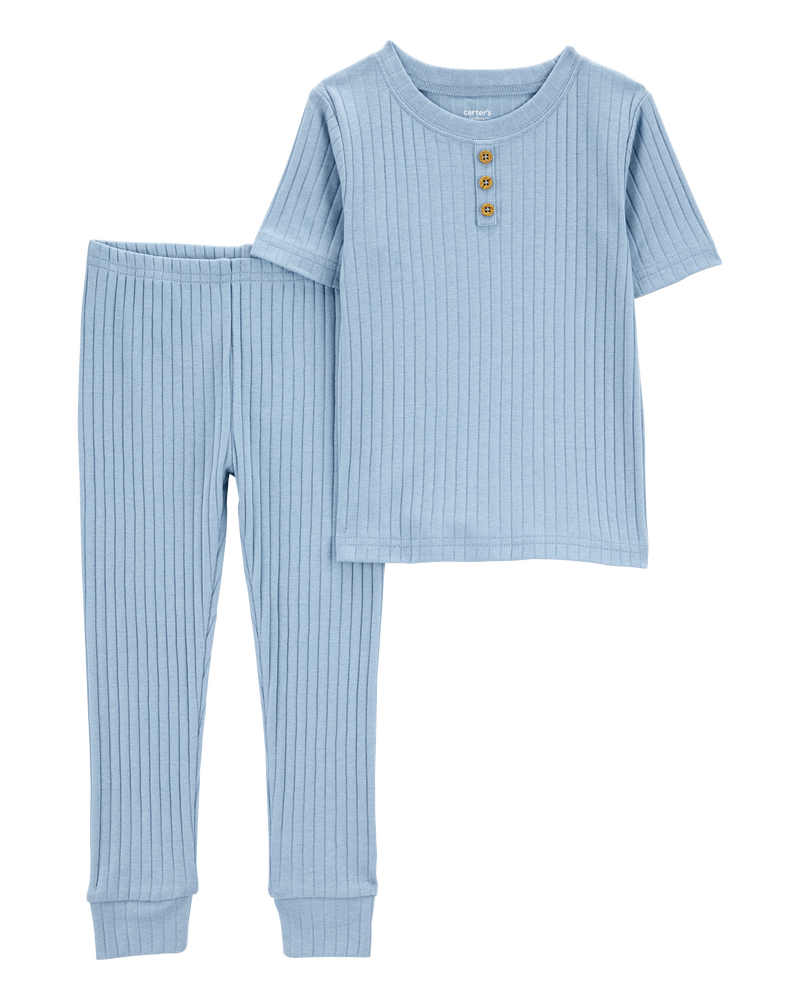 Toddler Solid Ribbed Cotton Blend 2-Piece Pyjamas - Blue, image 1 of 3 slides