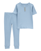 Toddler Solid Ribbed Cotton Blend 2-Piece Pyjamas - Blue, image 1 of 3 slides