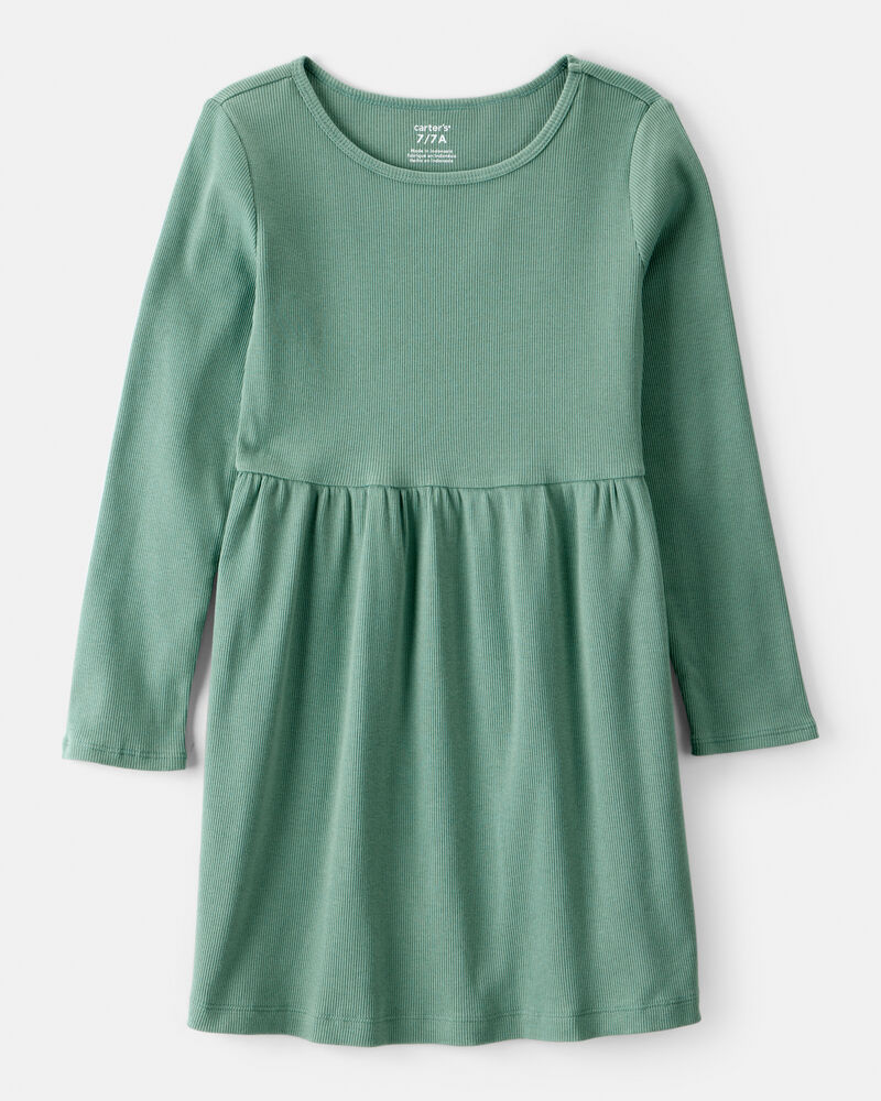 Girls Long Sleeve Cotton Dress - Green, image 1 of 4 slides