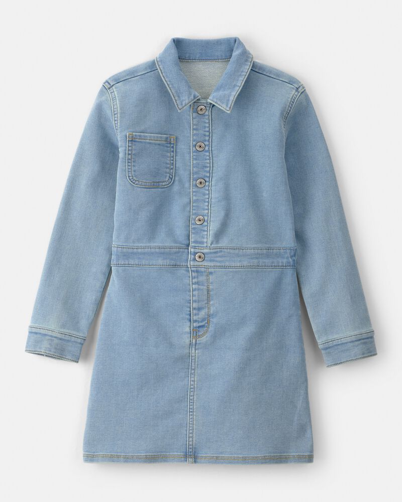 Girls Button-Front Long-Sleeve Denim Dress - Blue, image 1 of 4 slides