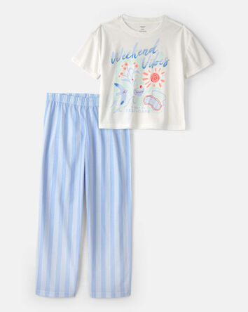 Girls Weekend Vibes' Striped Loose Fit 2-Piece Pyjama Set - Blue/Ivory, 