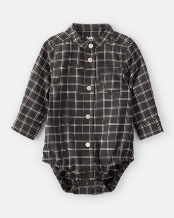 Baby Boy Plaid Woven Long-Sleeve Button-Down Bodysuit - Black, 
