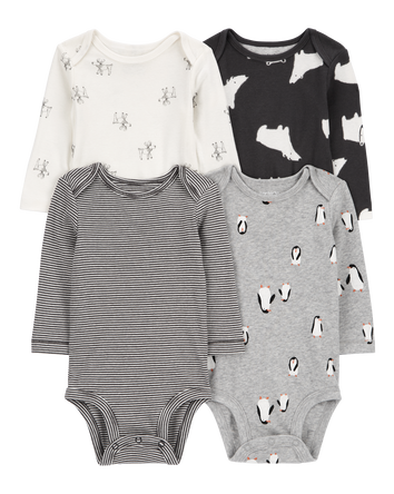 Baby 4-Pack Long-Sleeve Winter Animals Bodysuits, 