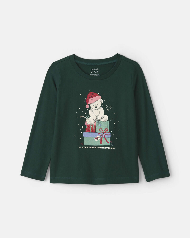 Toute-petit fille - T-shirt manches longues &agrave; motif ourson de No&euml;l &ndash; Vert, image 1 sur 3 diapositives