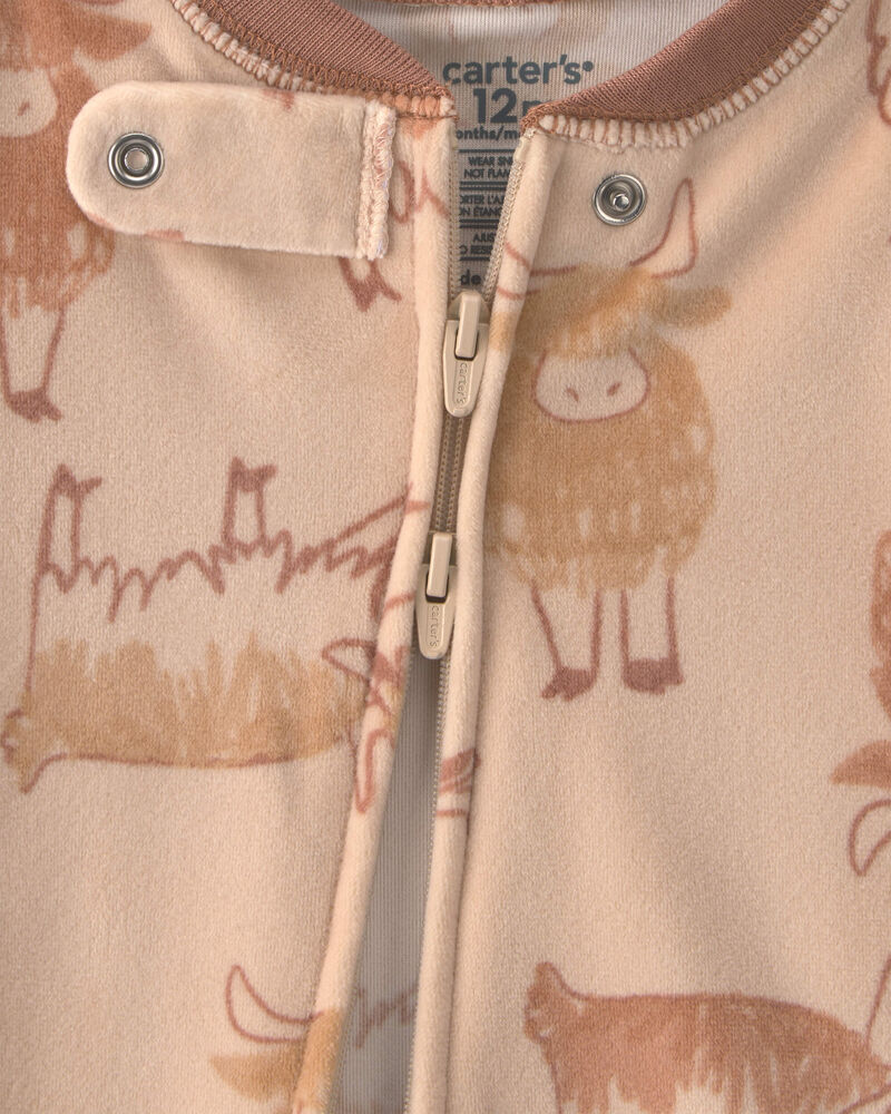 Baby Boy 1-Piece Cow 2-Way Zip DreamPlush Snug Fit Footed Pyjama - Brown, image 3 of 5 slides