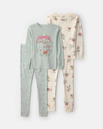 Filles - Pyjama ajust&eacute; 4 pi&egrave;ces en 100 % coton &agrave; motif poulet campagnard - Bleu/Cr&egrave;me, 