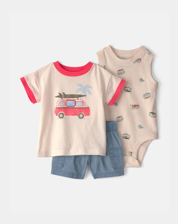 Baby Boy 3-Piece Beach Surf Top, Bodysuit & Short Set - Blue/Cream, 