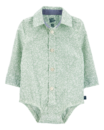 Baby Floral Button-Front Long-Sleeve Bodysuit - Green, 