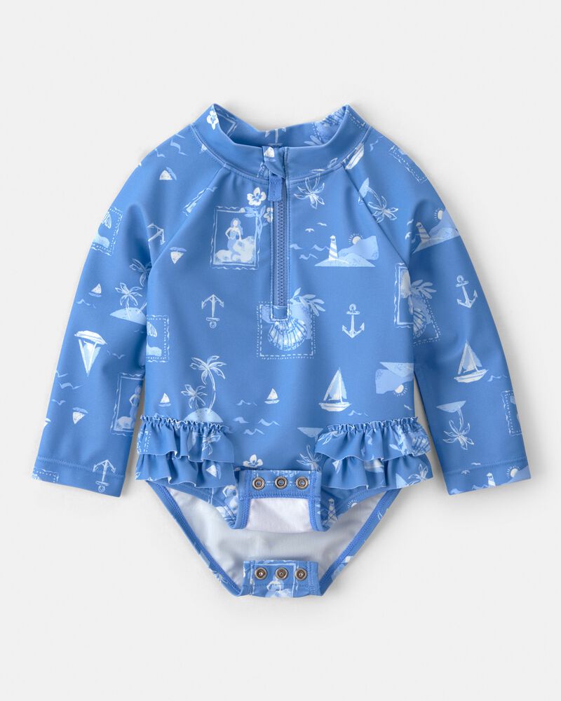 Baby Girl Sailboat Long-Sleeve 1-Piece Rashguard Swimsuit - Blue, image 2 of 5 slides