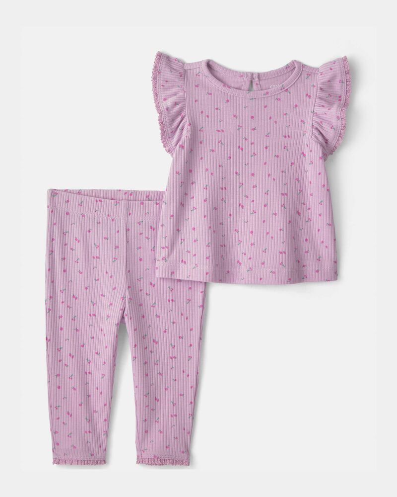 Baby Girl 2-Piece Cherry Short-Sleeve Top & Pant Set - Purple, image 1 of 3 slides
