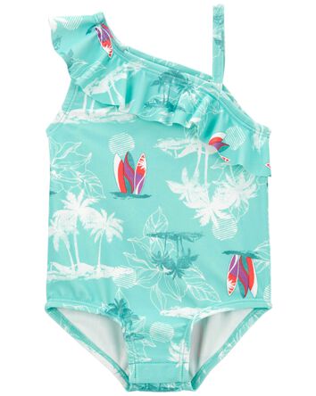 Beach Print Ruffle Swimsuit, 