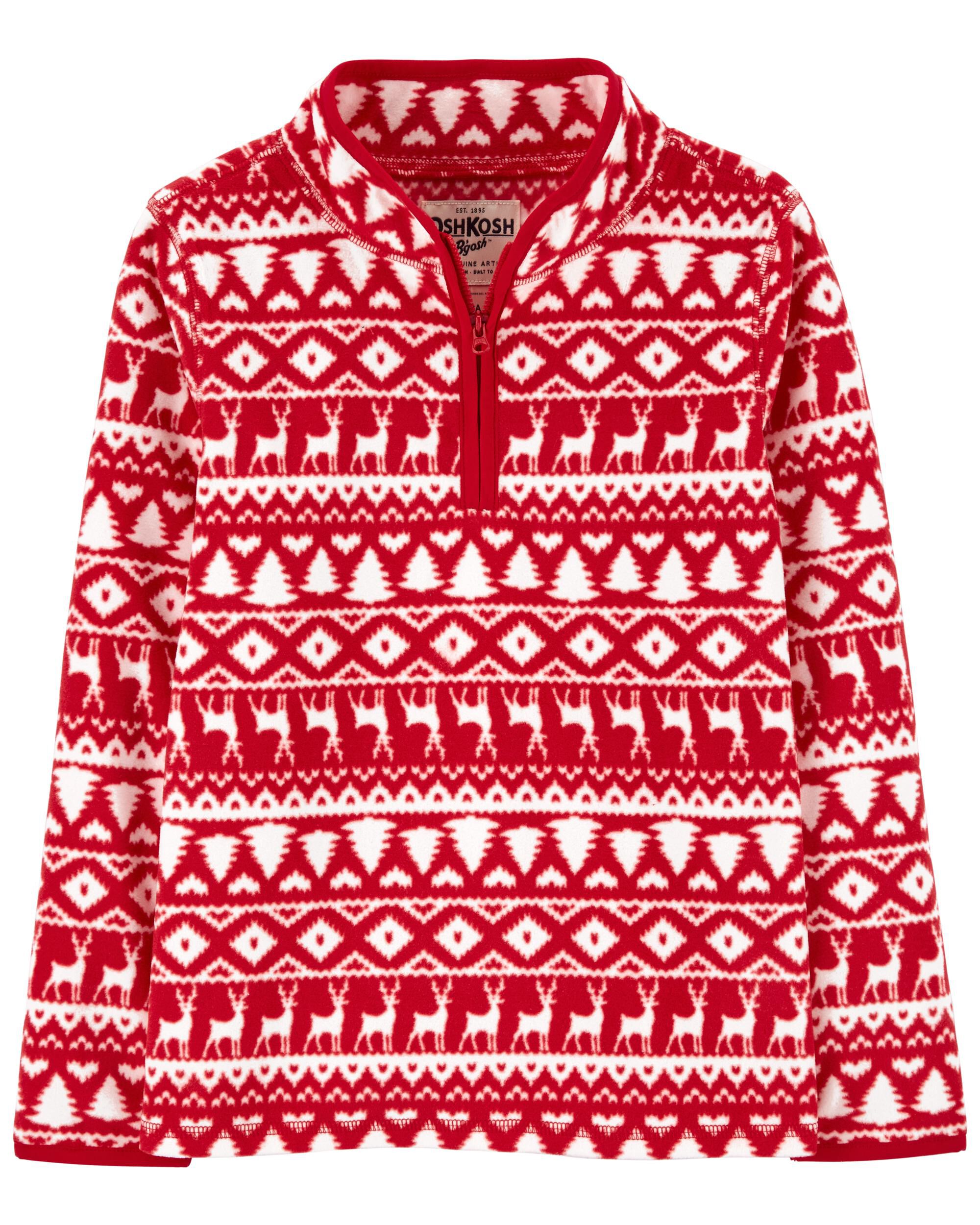 Quarter Zip Holiday Fair Isle Print Fleece Pullover