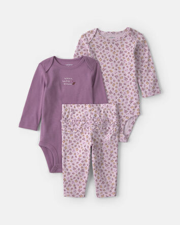Baby Girl 3-Piece Floral Bodysuits & Pant Set - Purple, 