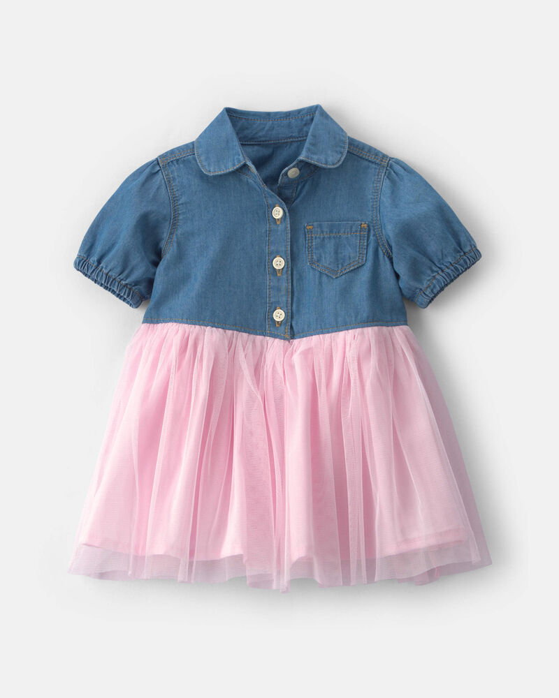 Baby Girl Chambray Tulle Short-Sleeve Dress - Light Wash, image 1 of 5 slides