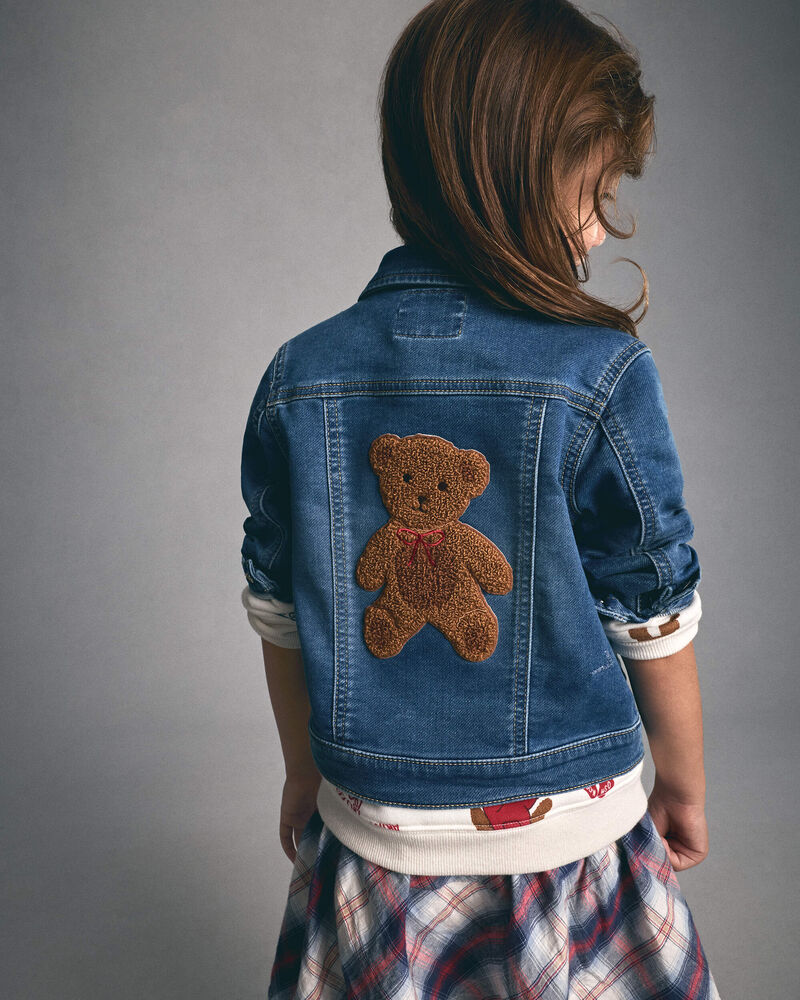 Toddler Girl Bear Denim Jacket - Medium Wash, image 2 of 9 slides
