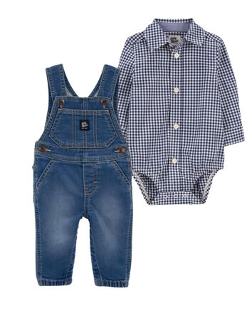 Button-Front Bodysuit and Knit-Like Denim Overalls Set, 