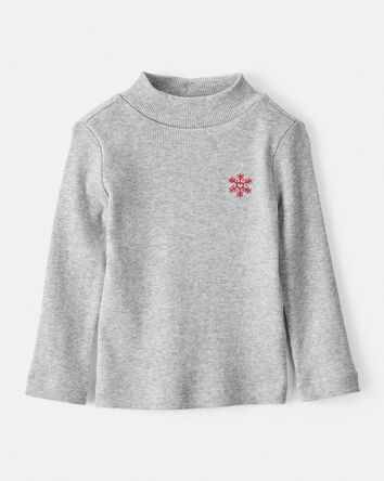 Baby Girl Snowflake Mock Neck Rib Top - Grey, 