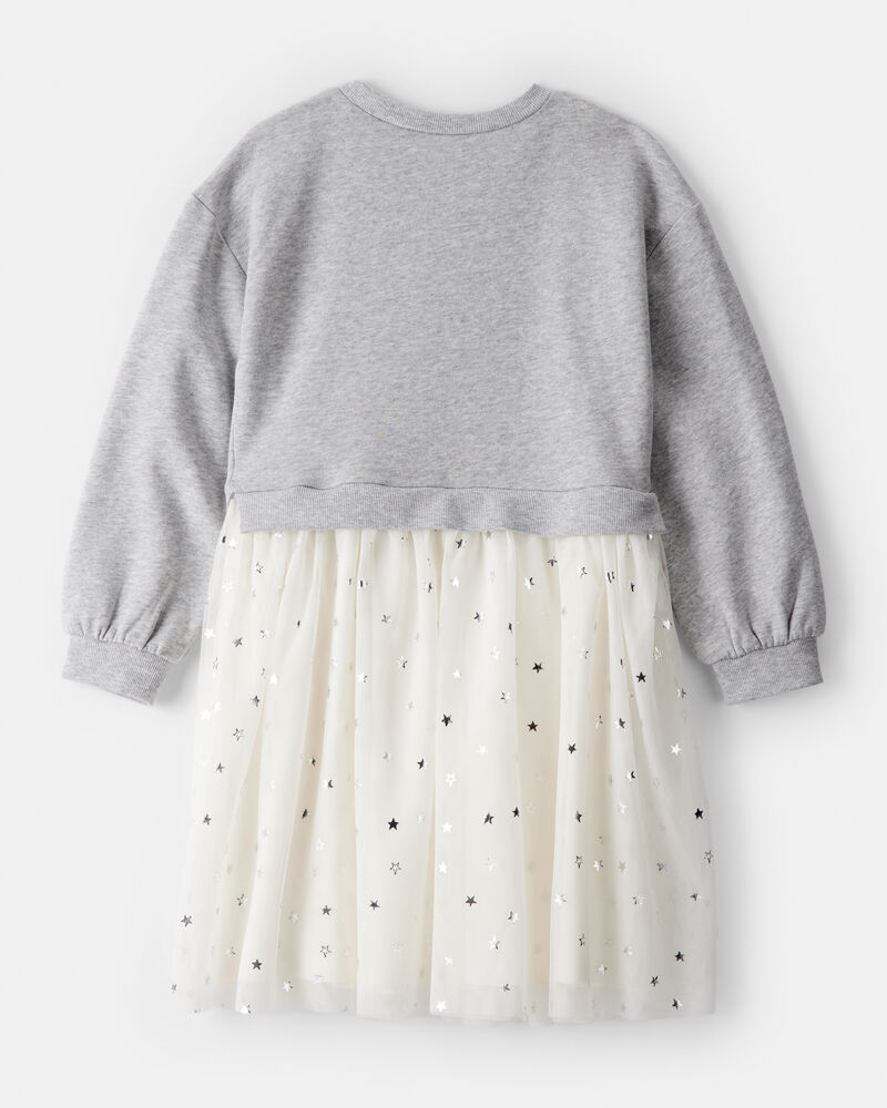 Girls Metallic Star Long-Sleeve Tulle Dress - Grey, image 2 of 4 slides