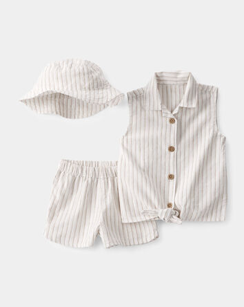 B&eacute;b&eacute; fille - Ensemble 3 pi&egrave;ces haut sans manches &agrave; rayures et short - Blanc, 