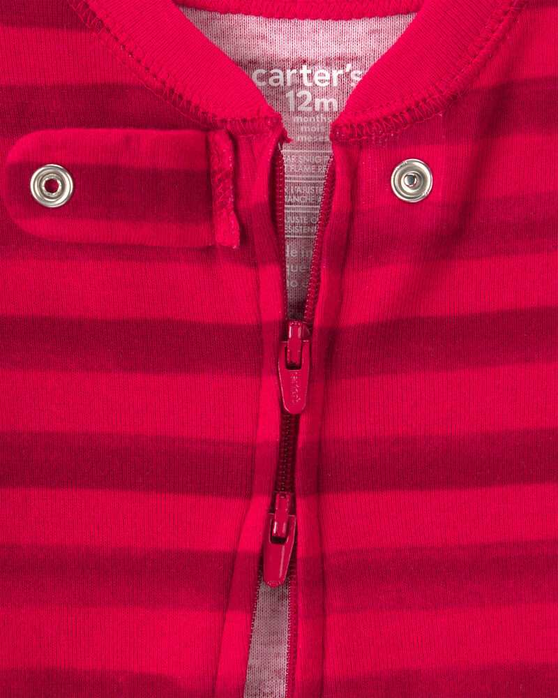 Baby 1-Piece Striped Reindeer 2-Way Zip 100% Cotton Snug Fit Footed Pyjama - Red, image 3 of 6 slides