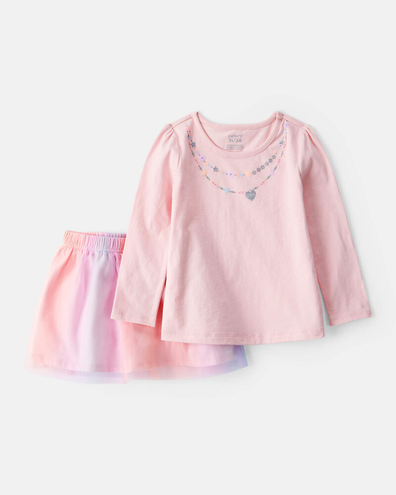 Toddler 2-Piece Necklace Printed Tee & Rainbow Skort Set, image 1 of 6 slides