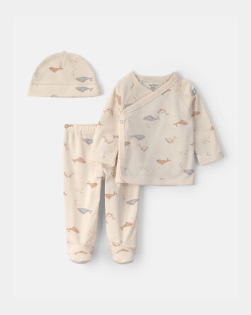 B&eacute;b&eacute; - Ensemble 3 pi&egrave;ces haut manches longues et pantalon &agrave; motif baleine - Cr&egrave;me, 