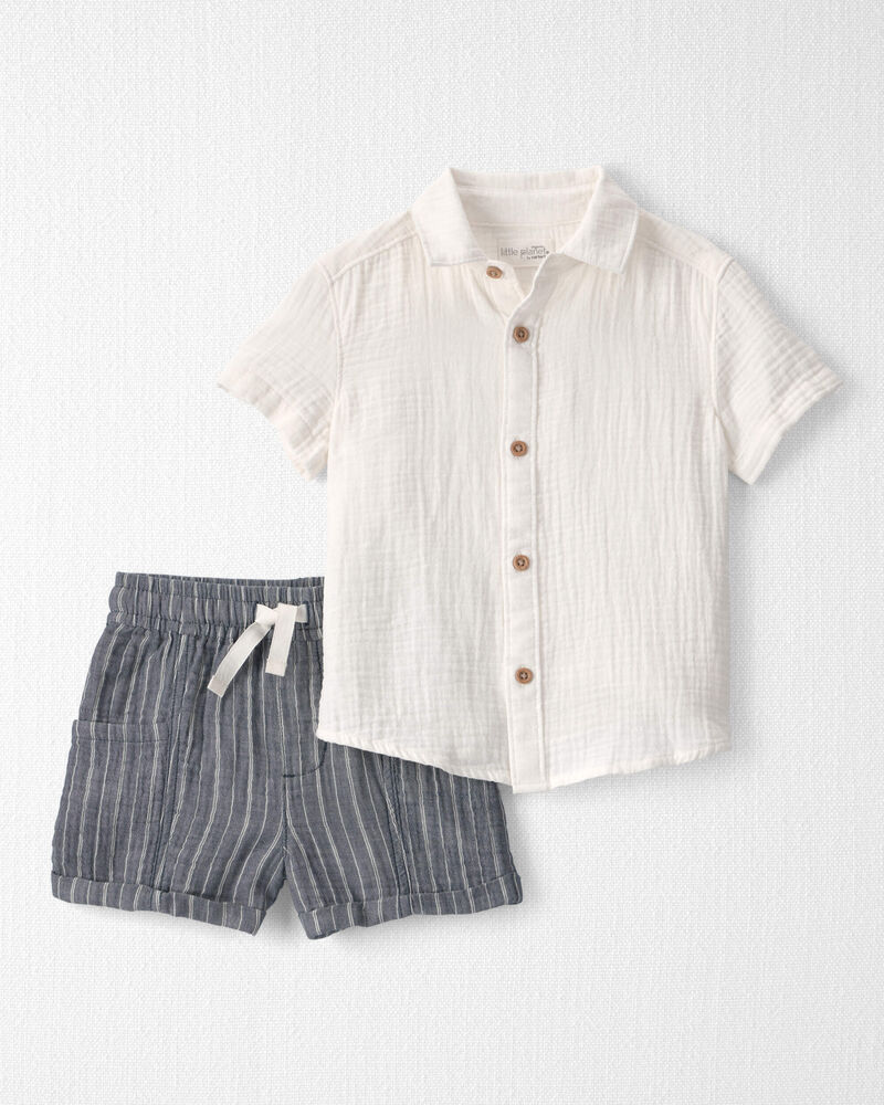 Toddler Boy 2-Piece Organic Cotton Gauze Short Set in Cream, image 1 of 7 slides