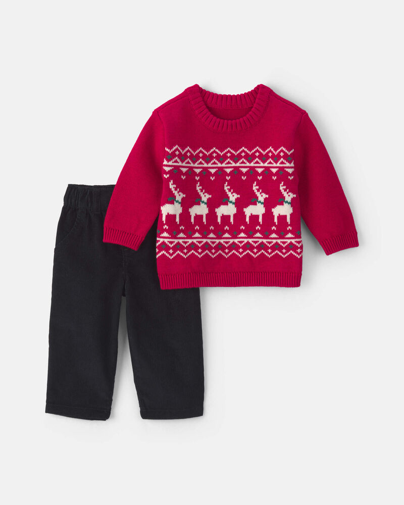 Baby Boy 2-Piece Reindeer Fair Isle Sweater & Pant Set - Red/Black, image 1 of 5 slides