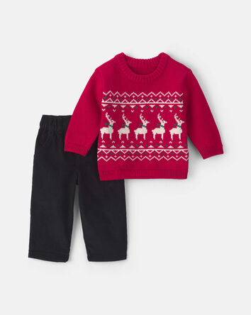 Baby Boy 2-Piece Reindeer Fair Isle Sweater & Pant Set - Red/Black, 