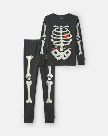 Kids 2-Piece Halloween Skeleton 100% Cotton Snug Fit Pyjama Set - Black, 