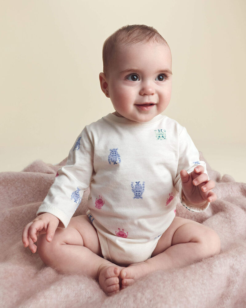 Baby Girl Monster Long-Sleeve Graphic Bodysuit - Cream, image 2 of 5 slides