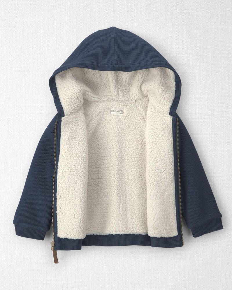 Toddler Boy Recycled Teddy Fleece Waffle Knit Hooded Jacket Made with Organic Cotton, image 2 of 4 slides