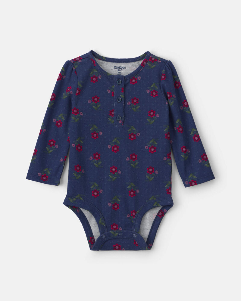 Baby Girl Floral Long-Sleeve Bodysuit - Navy Blue, image 1 of 3 slides