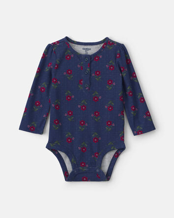 Baby Girl Floral Long-Sleeve Bodysuit - Navy Blue, 