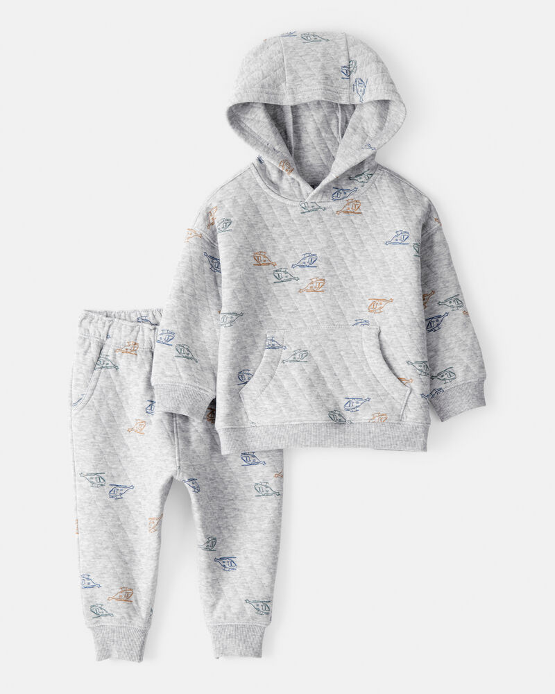 Baby Boy 2-Piece Helicopter Quilted Hoodie & Pant Set - Grey, image 1 of 4 slides
