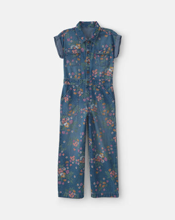 Girls Floral Denim Short-Sleeve Jumpsuit - Dark Wash, 