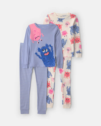 Girls 4-Piece Monster 100% Cotton Snug Fit Pyjama Set - Blue/Cream, 
