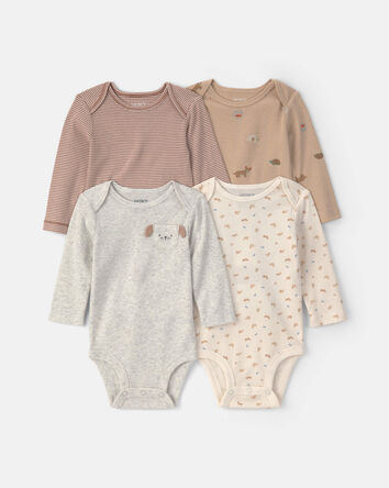 Baby 4-Pack Dog Long-Sleeve Bodysuits - Brown/Grey/Ivory, 