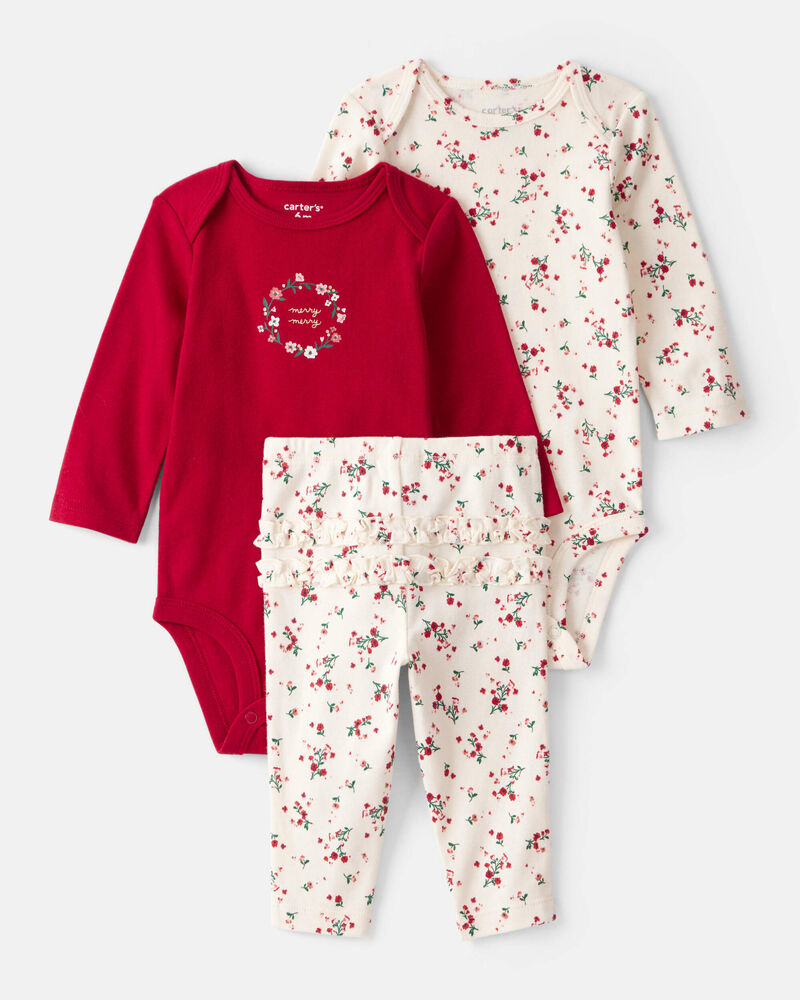 Baby Girl 3-Piece Floral Merry Cotton Bodysuits & Pant Set - White/Red, image 1 of 5 slides