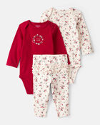 Baby Girl 3-Piece Floral Merry Cotton Bodysuits & Pant Set - White/Red, image 1 of 5 slides