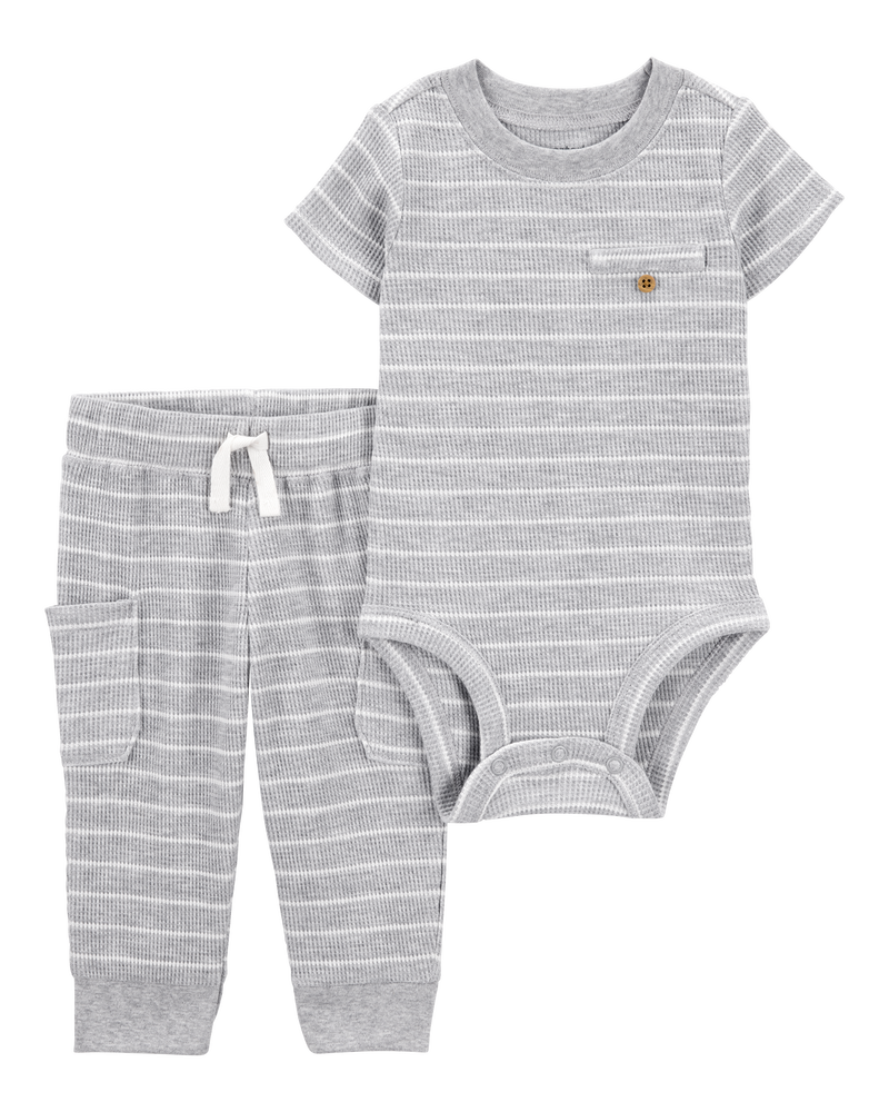 Bébé Ensemble 2 pièces cache-couche en tricot gaufré à rayures et pantalon - Chiné, image 1 sur 4 diapositives