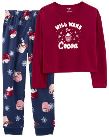 Pyjama 2 pièces pelucheux de coupe ample en polyester à imprimé de chocolat chaud, 