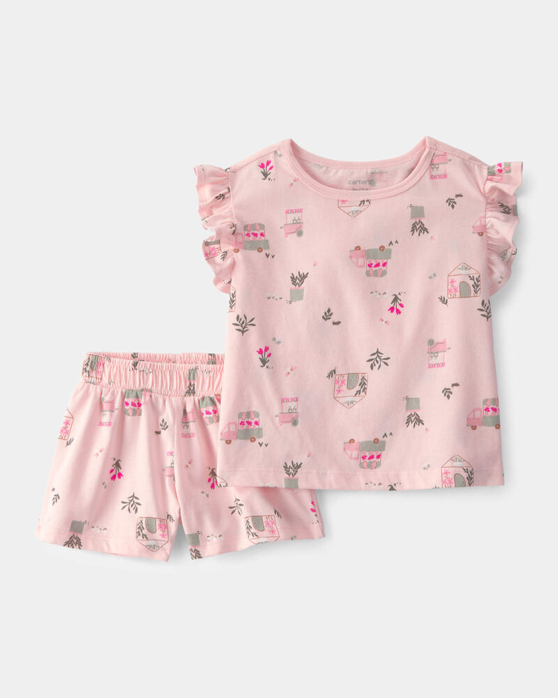 Tout-petit fille - Ensemble 2 pi&egrave;ces camions, fleurs et short - Rose, image 1 sur 2 diapositives