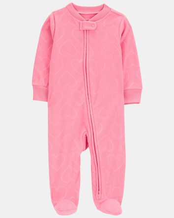 Baby Girl Heart Print Loose Fit Long-Sleeve 2-Way Zip Sleeper - Pink, 