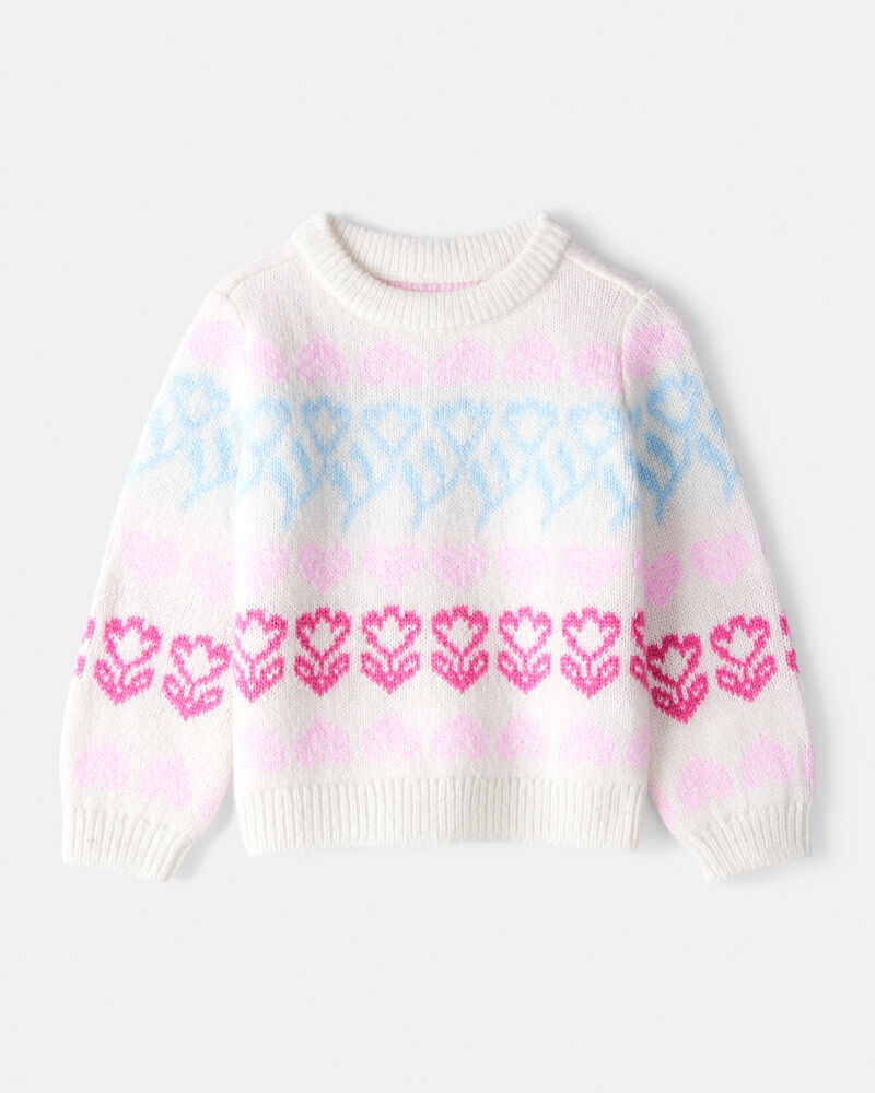 Toddler Girl Floral Fairisle Sweater - Pink/White, image 1 of 4 slides