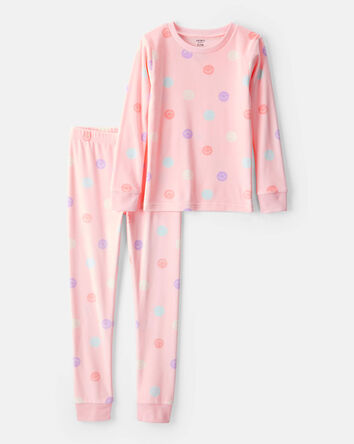 Girls Smiley Face Print DreamPlush Long-Sleeve Snug Fit 2-Piece Pyjamas - Pink, 