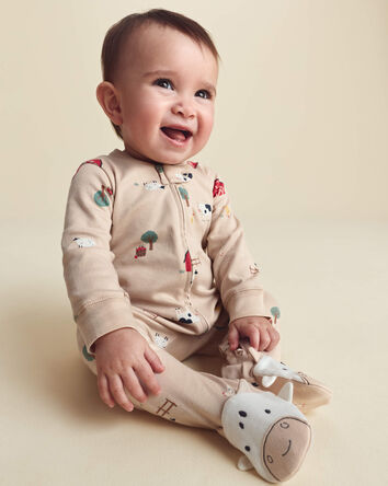 Baby Boy 1-Piece Farm 2-Way Zip 100% Cotton Snug Fit Footed Pyjama - Cream, 