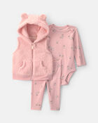 Baby Girl 3-Piece Bear Teddy Fleece Long-Sleeve Layering Set - Pink, image 1 of 5 slides