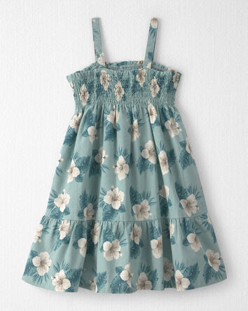 Girls  Smocked Linen Dress Made with Organic Cotton in Blue Hibiscus, 